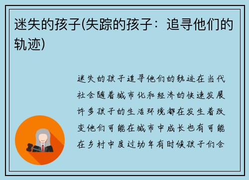 迷失的孩子(失踪的孩子：追寻他们的轨迹)